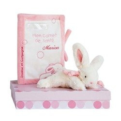 Pokrowiec na książeczkę zdrowia maluszka z maskotką - Różowy królik